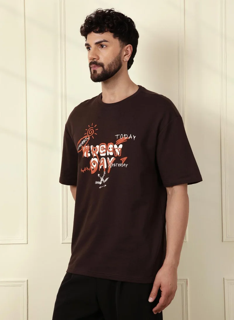 Wrogn Puff Print Oversized T-Shirt | Brown